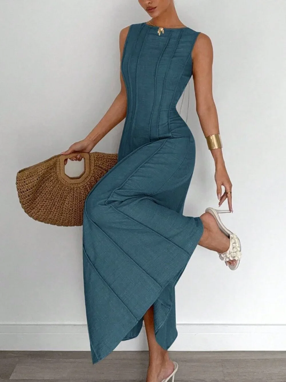 Blue Casual Women's Sleeveless A-Line Dress - Picture 4 of 5